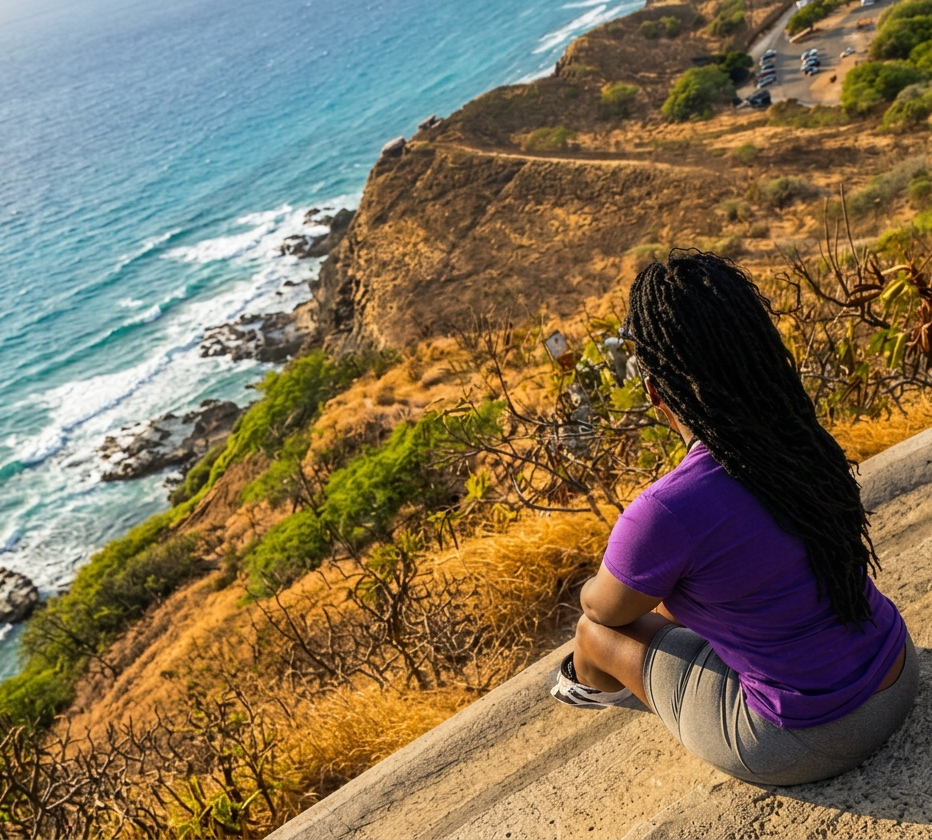 A woman with long black dreadlocks sits on a concrete ledge overlooking a scenic coastline with turquoise ocean water, white waves, and a dry brown hillside with green vegetation. She is wearing a purple short-sleeve t-shirt and gray shorts.